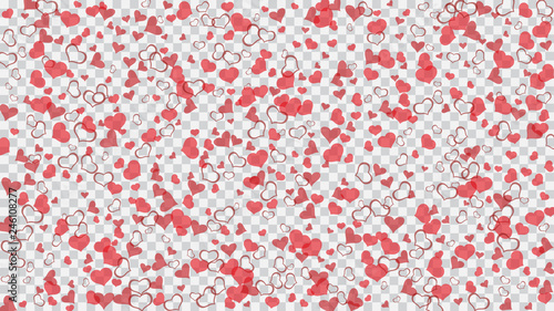 Red on Transparent fond Vector. Red hearts of confetti crumbled. Design element for wallpaper, textiles, packaging, printing, holiday invitation for Valentine's Day. Stylish background.