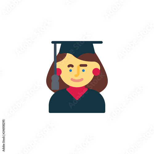 Young woman with graduation hat flat icon, vector sign, colorful pictogram isolated on white. Woman student avatar symbol, logo illustration. Flat style design