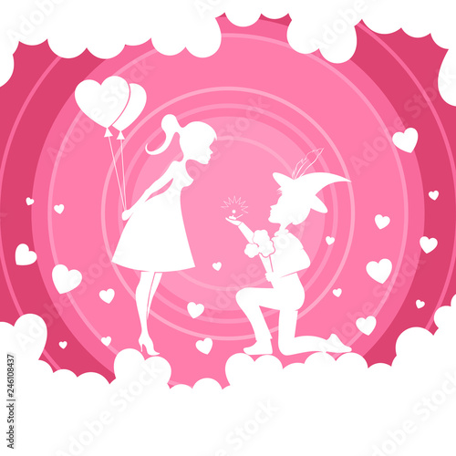 Light pink composition with a girl with balloons and a boy on her lap,