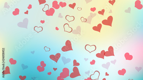 Design element for wallpaper, textiles, packaging, printing, holiday invitation for birthday. Happy background. Red on Gradient fond Vector. Red hearts of confetti are falling.