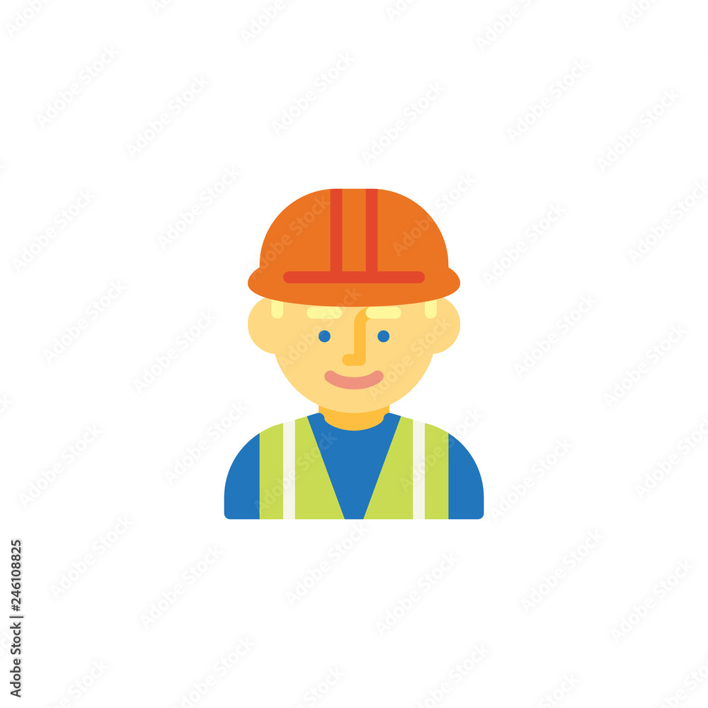 Man wearing hard hat flat icon, vector sign, colorful pictogram isolated on white. Man construction worker symbol, logo illustration. Flat style design Man wearing hard hat flat icon, vector sign, colorful pictogram isolated on white. Man construction worker symbol, logo illustration. Flat style design