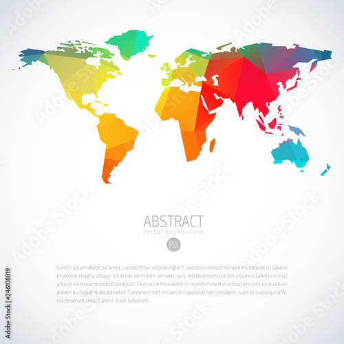 Simple colorful vector template of global world map with modern triangle pattern. Cool infographic template on isolate white background