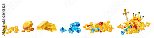 Set Treasure, gold, coins, rock gold nugget, bars, jewels, crown, vector, isolated, cartoon style, for games, apps, white background