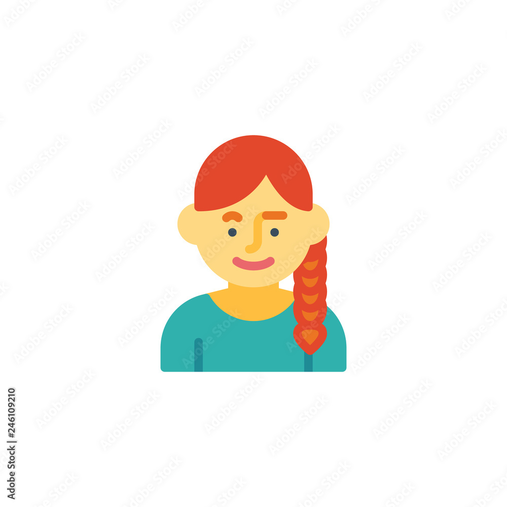 Girl with braid hair flat icon, vector sign, colorful pictogram isolated on white. Cute girl avatar character symbol, logo illustration. Flat style design Girl with braid hair flat icon, vector sign, colorful pictogram isolated on white. Cute girl avatar character symbol, logo illustration. Flat style design