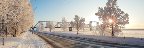 Arkhangelsk. Sunny winter day. January. Railway bridge