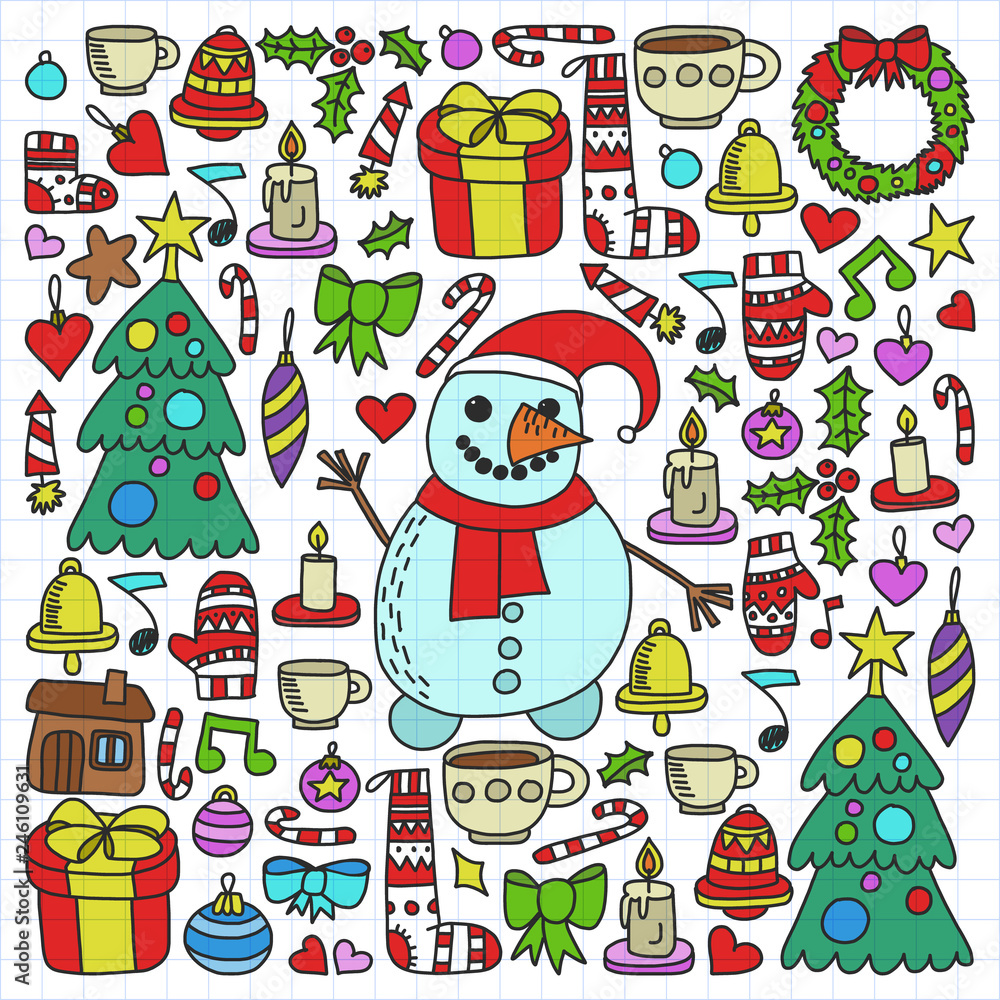 Vector set of Christmas, holiday icons in doodle style. Painted, colorful, on a sheet of checkered paper on a white background.