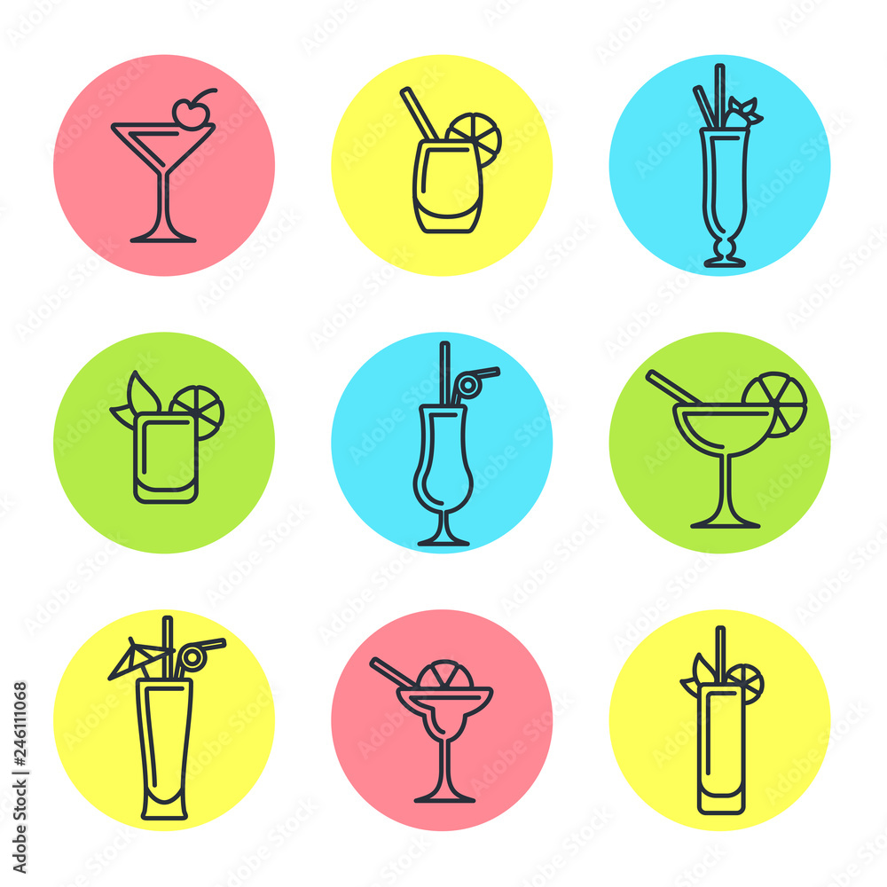 Round concept with different cocktail icons. Linear style vector illustration. Suitable for advertising, bar menu decor, application design Round concept with different cocktail icons. Linear style vector illustration. Suitable for advertising, bar menu decor, application design