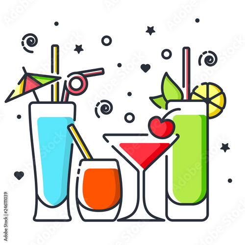 Concept with different alcohol cocktails. Suitable for advertising, bar menu decor, application design