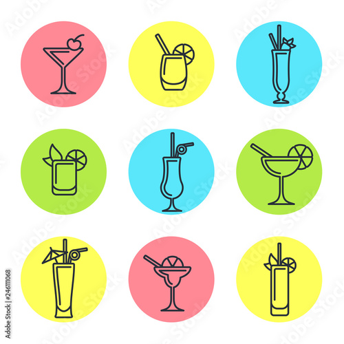 Round concept with different cocktail icons. Linear style vector illustration. Suitable for advertising, bar menu decor, application design