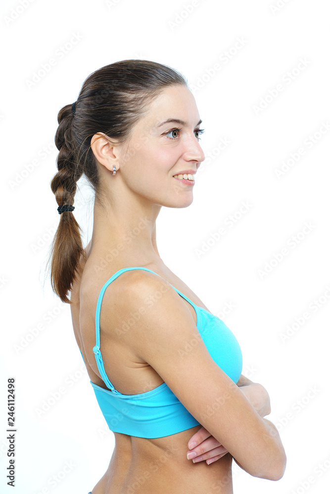 Attractive athletic girl portrait on white background looking with smile. Attractive athletic girl portrait on white background looking with smile.