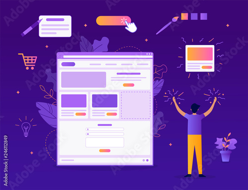 A man creates his own website. It's magic. Website builder concept. Web development. Flat vector illustration.