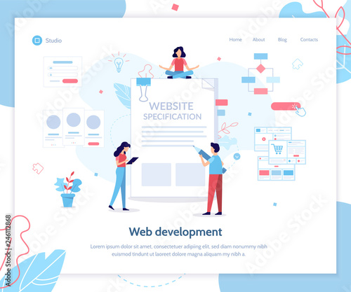 Landing page template. Website specification banner. Web development. Flat vector illustration.