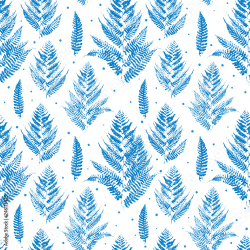 Seamless pattern with blue fern leaves
