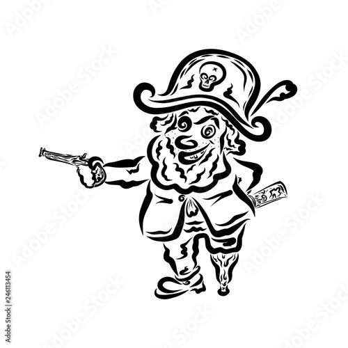 Funny pirate with a gun in his hand, hides the map behind his back
