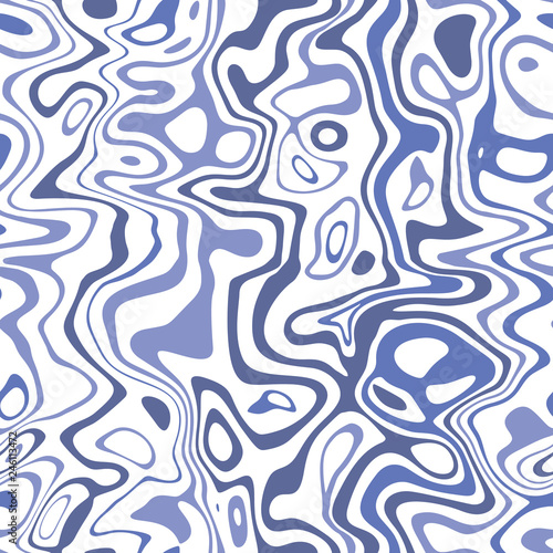 Blue Marbleized Stripes on White Background Vector Seamless Pattern. Water Ripples, Waves