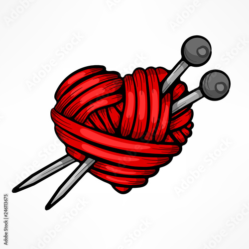 Heart made of red wool yarn with knitting needles on white.