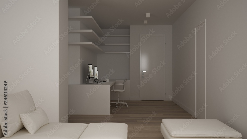 Small apartment with parquet floor, home workplace with corner desk in white living room, office in minimalist style, modern architecture concept Small apartment with parquet floor, home workplace with corner desk in white living room, office in minimalist style, modern architecture concept