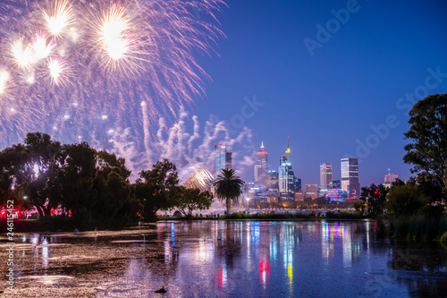 Australia Day (January 26) fireworks over Perth City and the Swan River. © beau