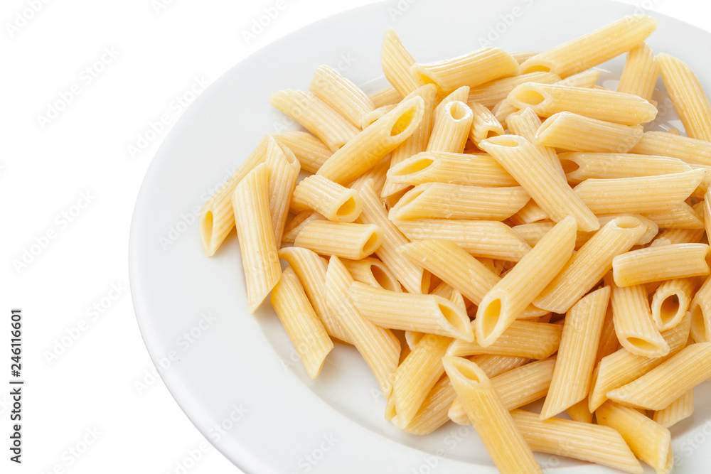 Penne rigate in porcelain bowl isolated on white background Penne rigate in porcelain bowl isolated on white background