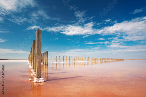 Amazing real pink color salt lake and deep blue sky photo