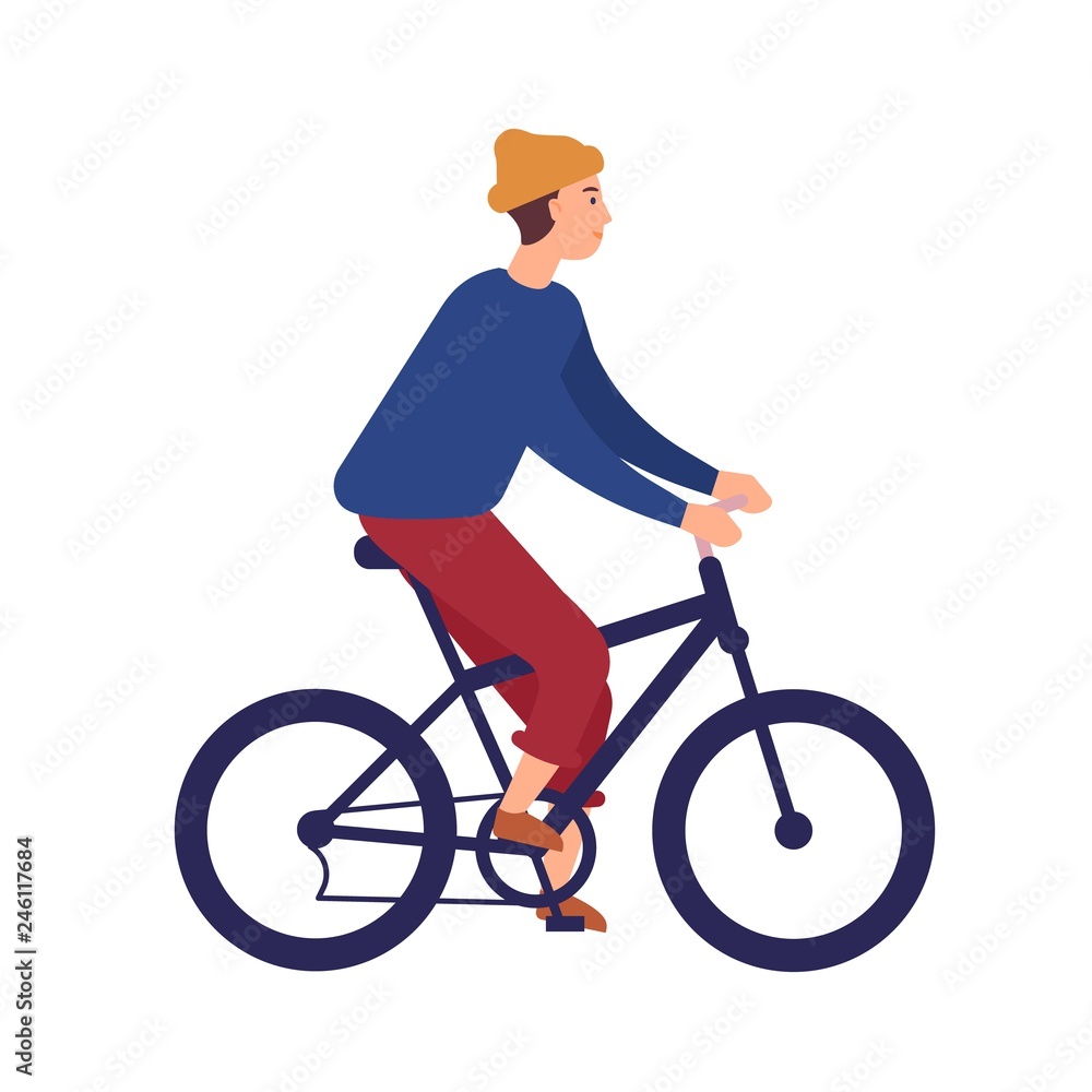Cute young man or boy wearing casual clothes and beanie hat riding BMX bike. Smiling male character on bicycle isolated on white background. Healthy outdoor activity. Flat cartoon vector illustration. Cute young man or boy wearing casual clothes and beanie hat riding BMX bike. Smiling male character on bicycle isolated on white background. Healthy outdoor activity. Flat cartoon vector illustration.