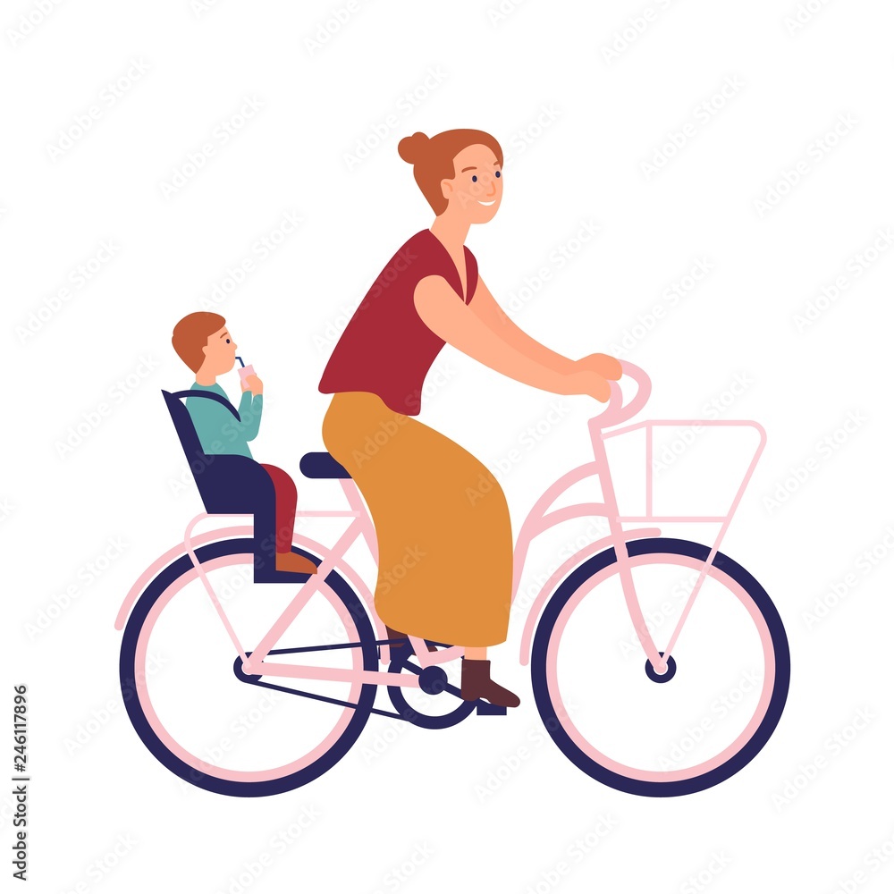 Mother riding bike with baby in seat Mother riding bike with baby in seat