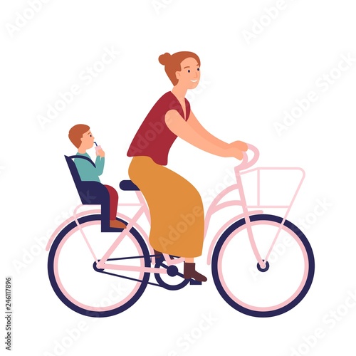 Mother riding bike with baby in seat