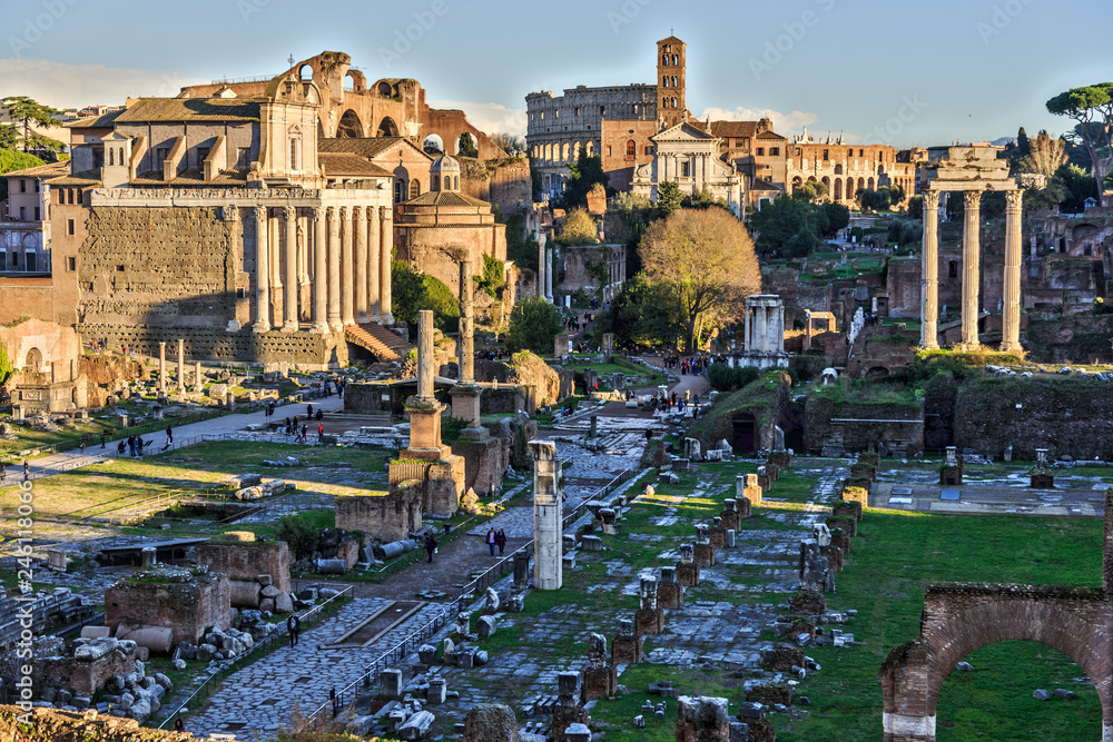Rome in the evening, view of the forums and the Colosseum, HDR