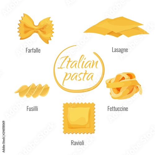 Pasta of Italy, farfalle, lasagne, fettuccine and ravioli, fusilli