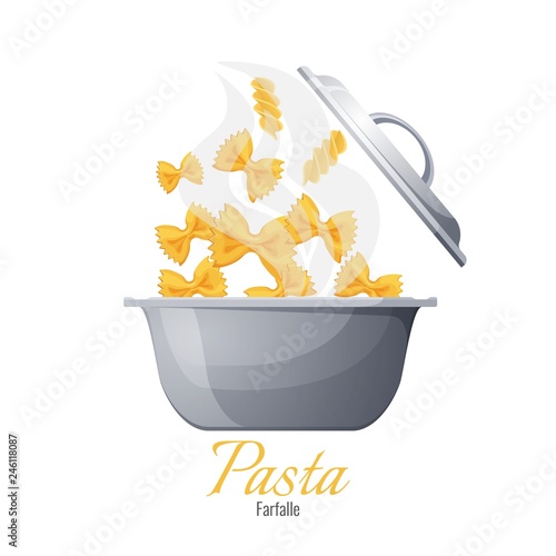 Italian pasta farfalle abd fusilli boiling in pot