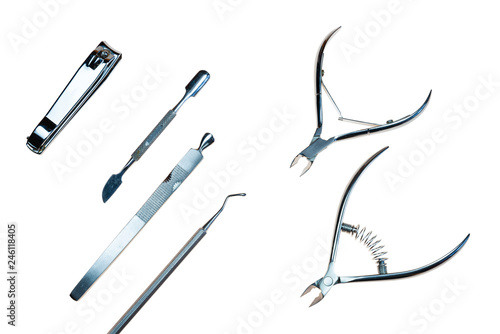 manicure equipment on white background top view space for text