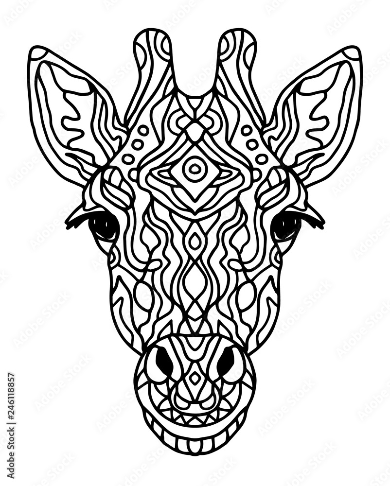 Zentangle stylized doodle vector giraffe head. Zen art style. Zoo animal ethnic tribal african print suits as tattoo, logo template, decoration, coloring book sketch, Collection of animals. Stock Vector
