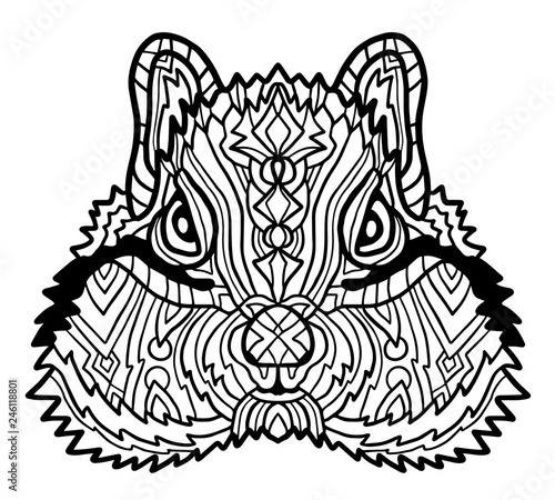 Vector hand drawn illustration of chipmunk for coloring book. Ethnic retro design in zentangle style with floral elements,Black line art on white background. Collection of animals.