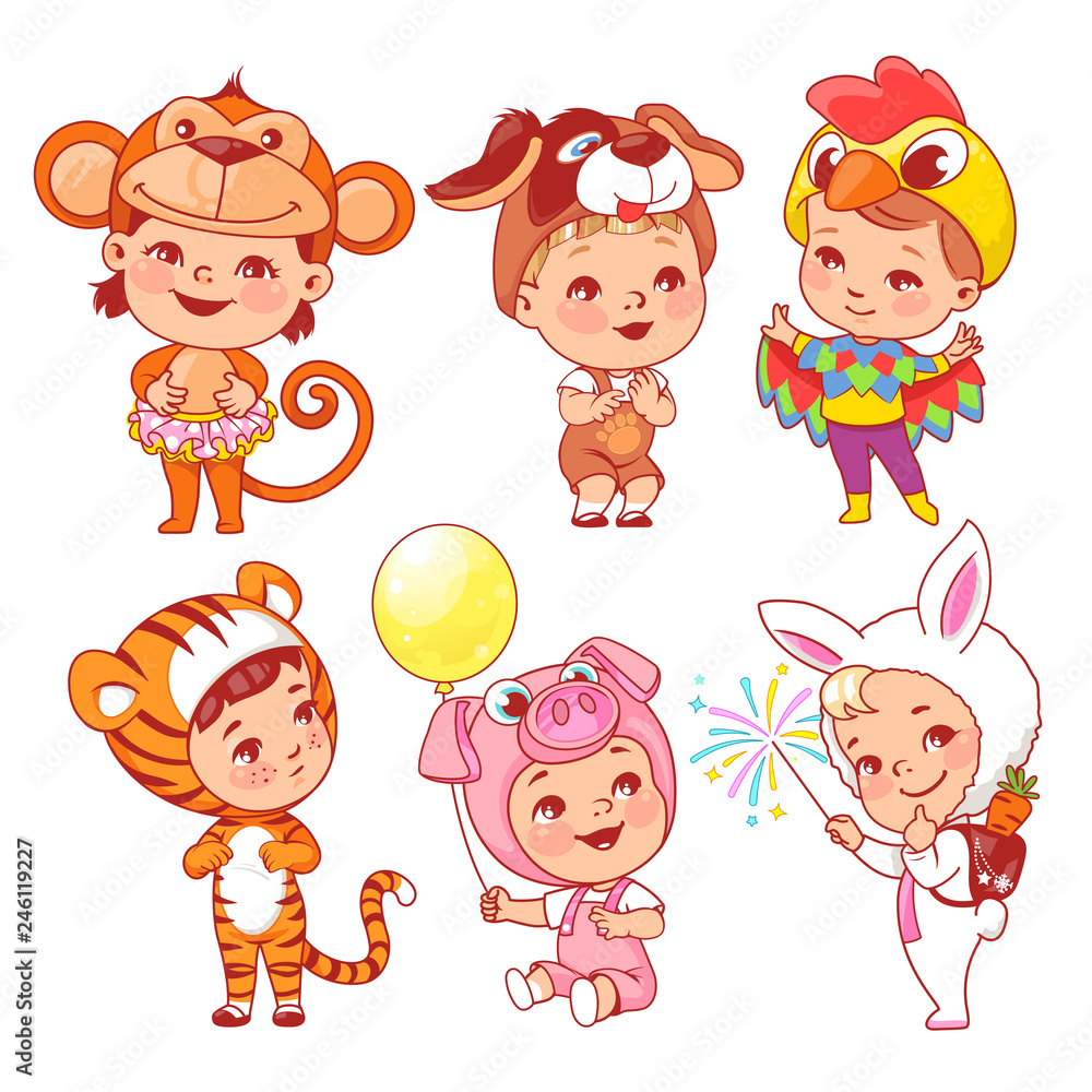 Cute little baby wear carnival costumes. Kindergarten masquerade. Preschool  kids as animals. Mask of monkey, dog, rooster, tiger, pig, rabbit, puppy.  Girls and boys play animals. Vector illustration. Stock Vector | Adobe