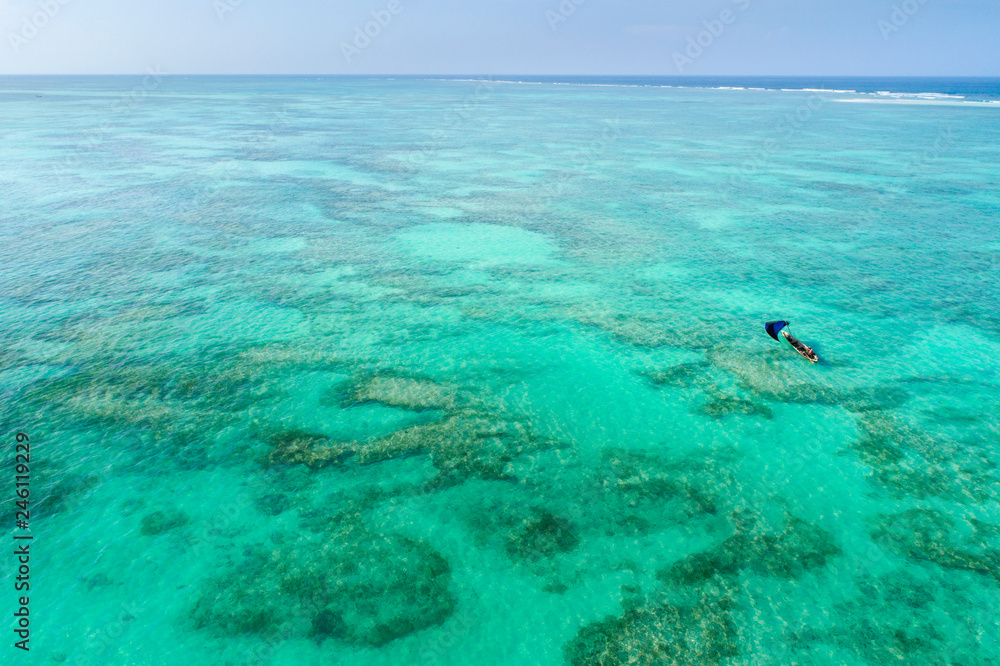 Obraz premium alone blue sail boat in lagoon on Zanzibar island