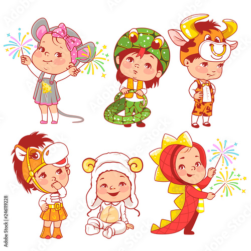 Cute little baby wear carnival costumes. Kindergarten masquerade. Preschool kids as animals. Mask of dragon,ox, mouse, snake, sheep, horse. Girls and boys play animals. Vector illustration.