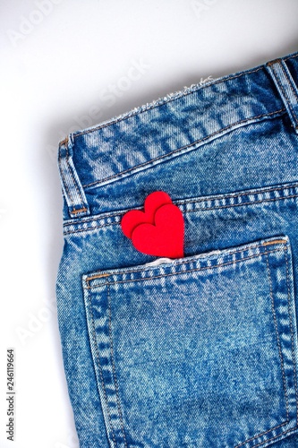 Jeans on a white background. Pocket. A heart. Valentine's Day. Love. Holidays.