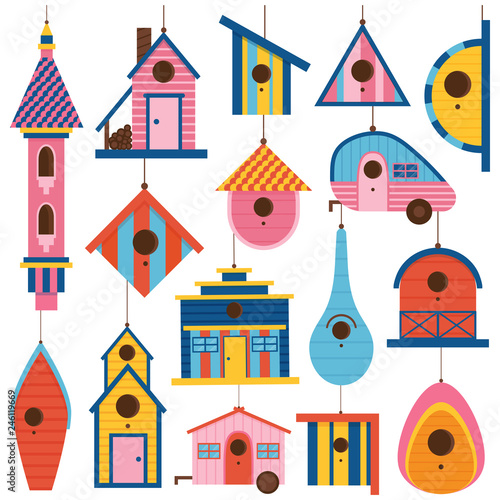 Decorative wooden spring bird house icons set. Hanging nesting boxes collection for garden and home decor in flat design. Colorful garden birdhouses for feeding birds.