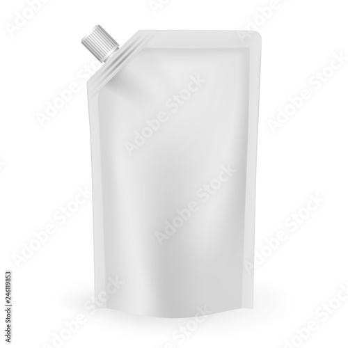Blank white spouted stand up pouch with screw cap, vector template