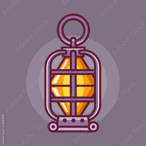 Vintage handle camping lantern icon in line art. Fantasy RPG dungeon lamp with glowing fire wick. Retro kerosine or oil lantern for hiking.