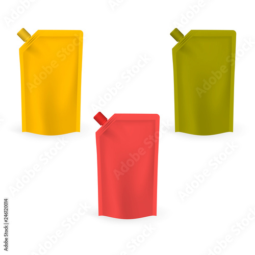 Color blank spouted stand up pouch with screw cap, vector mockup set