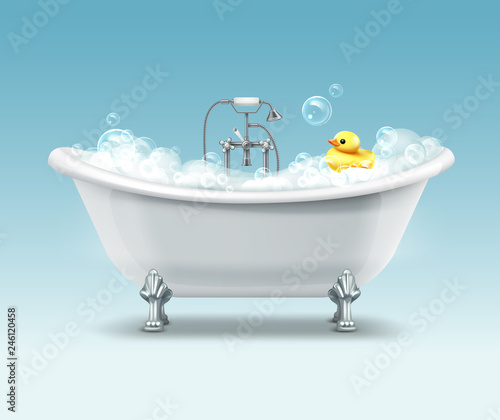 Vector white bathtub in vintage style with foam and yellow duck on gradient background