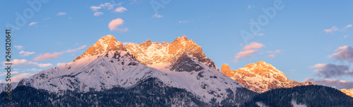Idyllic snowy mountain peaks  setting sun in winter  landscape  Alps  Austria