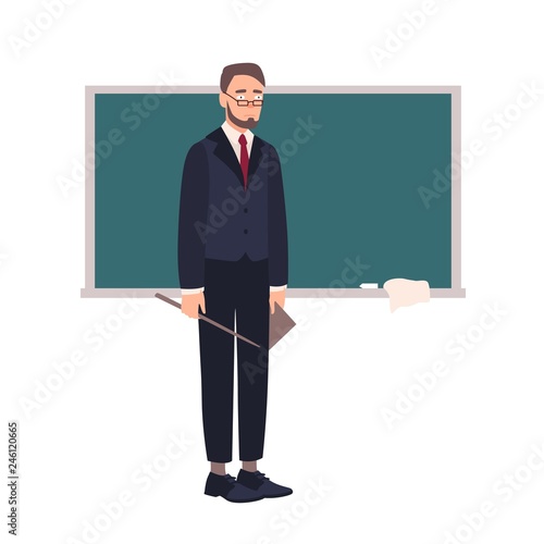 Disappointed school teacher or university professor standing beside chalkboard and looking at audience. Shocked lecturer with pointer isolated on white background. Flat cartoon vector illustration.
