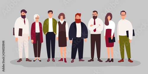 Group portrait of cute happy office workers, managers or clerks standing together. Team of smiling male and female employees or colleagues. Colorful vector illustration in flat cartoon style.