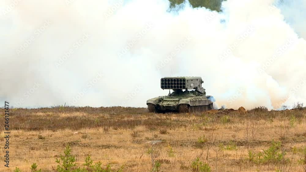 Military exercises in the open area with the use of armored vehicles, tanks and assault forces. Military exercises in the open area with the use of armored vehicles, tanks and assault forces.