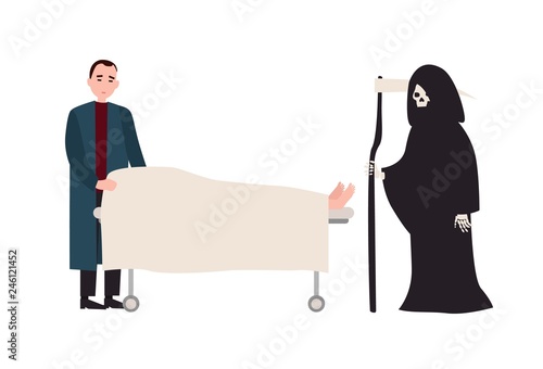 Sad or sorrowful man Grim Reaper with scythe standing near covered dead body lying on gurney. Grieving relative and Death near deceased family member. Vector illustration in flat cartoon style.