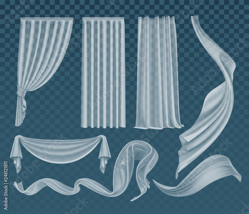 Vector set of fluttering translucent white cloths, soft lightweight clear material and curtains isolated on background