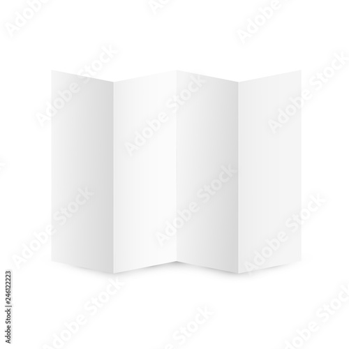 blank folded A4 paper template. Horizontal empty sheet of paper mockup isolated on white background with soft shadow. Leaflet or flyer bent four times.
