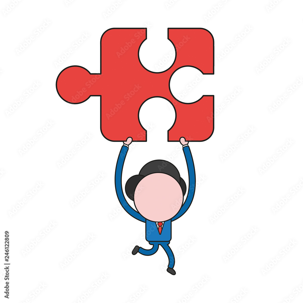 Vector businessman character running and carrying missing jigsaw puzzle piece. Color and black outlines. Vector businessman character running and carrying missing jigsaw puzzle piece. Color and black outlines.
